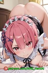 ahq_hentai ai_generated ass_up blush breasts exposed_breasts female maid maid_uniform medium_breasts naked_ass nipples on_all_fours patreon perfect_body pink_hair ram_(re:zero) re:zero_kara_hajimeru_isekai_seikatsu smile stable_diffusion