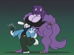 annoyed annoyed_expression big_breasts claws fully_clothed_male larger_female muscular_female percy_(occultish) plum_(occultish) purple_fur purple_hair rabbit rabbit_boy rabbit_ears rabbit_tail sharp_teeth werewolf wolf wolf_ears wolf_girl yellow_eyes