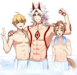 arataki_itto bath bathhouse gay genshin_impact gorou_(genshin_impact) ittogorou thoma_(genshin_impact) yaoi