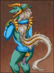 anthro backsack balls clothing fluffy fur horn invalid_tag looking_at_viewer male male_only penis sergal silvergrin sweater virgin_killer_sweater