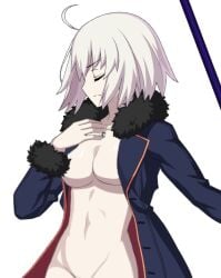 1girl 1girls abs ahoge blue_jacket closed_eyes coat convenient_censoring exposed_breasts fate/grand_order fate_(series) flimbonio functionally_nude functionally_nude_female fur-trimmed_coat fur-trimmed_jacket hand_on_chest holding_weapon jacket jacket_only jacket_open jeanne_alter jeanne_d'arc_(alter)_(fate) jeanne_d'arc_(fate) jeanne_d'arc_(fate)_(all) necklace pale-skinned_female pale_skin pussy_peek serious_look short_hair sprite_edit white_hair