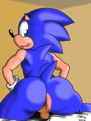 ancient-onyx anthro anus ass ass_focus backsack backside balls bed_sheets blue_fur blue_spines brown_balls bubble_butt furry green_fur grin happy hedgehog looking_back male_only mammal perineal_raphe presenting presenting_hindquarters raised_tail small_balls sonic_(series) sonic_the_hedgehog spread_legs