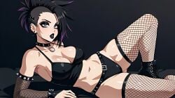 ai_generated big_breasts black_hair fishnet_armwear fishnet_legwear goth goth_girl punk_hair purple_hair_tips spiked_hair wallpaper