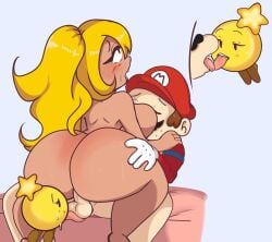 anthro ass_focus ass_grab balls breasts french_kiss goombella huge_ass kissing licking licking_balls mario mario_(series) penis star_sprite starlow sweat waddling_head