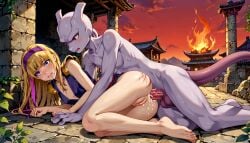 ai_generated anal anal_sex blonde_hair cum cum_inside forced kunoichi kunoichi_nina mewtwo monster_cock ninja on_side original_character pokemon pokemon_(species) rape red_sky terror139