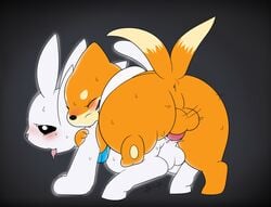 2boys all_fours anal animal_genitalia anthro balls bite bui buizel doggy_style from_behind_position furry gay male_only nintendo ori pokemon sex slimefur sweat tongue twintails_(disambiguation) video_games