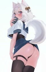absurdres alternate_breast_size animal_ears ass ass_focus bell black_thighhighs blue_skirt commentary cropped_shirt fat_ass female filian filian_(vtuber) fox_ears fox_girl fox_tail hair_bell hair_ornament highres indie_virtual_youtuber large_ass large_breasts miniskirt mirror_selfie purple_eyes raigyo_(mk48torpedo) rindo_(vrchat) selfie shirt simple_background skindentation skirt solo tail thighhighs virtual_youtuber vrchat vtuber white_background white_hair white_shirt