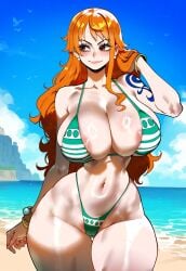 ai_generated areolae arm_at_side arm_tattoo ass ass_focus beach big_ass big_breasts big_butt big_thighs bikini cleavage closed_mouth curvy curvy_female curvy_figure dijiai focus from_front_position front_view hand_in_hair highleg hourglass_figure island long_hair looking_away looking_to_the_side nami nami_(one_piece) navel nsfw ocean one_piece orange_hair outdoors pose round_ass round_butt sky smiling standing thiccwithaq_(ai_style) thick thick_ass thick_butt thick_legs thick_thighs thighs wide_hips