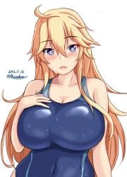 ahoge blonde_hair blue_eyes blue_one-piece_swimsuit blush breasts cleavage collarbone competition_swimsuit covered_navel dated hair_between_eyes hand_on_own_chest highres iowa_(kancolle) kantai_collection large_breasts long_hair looking_at_viewer montemasa one-piece_swimsuit open_mouth star-shaped_pupils star_(symbol) swimsuit symbol-shaped_pupils twitter_username upper_body wet wet_clothes wet_swimsuit white_background