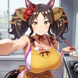 ai_generated animal_ears apron big_breasts black_hair bright_eyes curly_hair female horse_girl marvelous_sunday_(umamusume) ribbon twintails umamusume umamusume_pretty_derby yellow_eyes