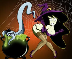 1boy 1girls ass black_hair butt_crack cauldron cleavage clenched_teeth costume disney dr._drakken female green_eyes green_skin green_socks grimphantom halloween halloween_costume heels high_heels kim_possible large_breasts long_hair male panties shego socks spider_web startled stockings surprised tentacles thigh_socks thighhighs transformation wedgie witch witch_costume witch_hat