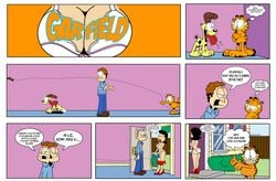 accurate_art_style ass bra breasts comic doorway english_text female garfield_(series) garfield_the_cat grimphantom high_heels indoors jon_arbuckle liz_wilson male newspaper_comic_strip odie panties skimpy text