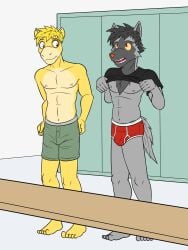 3:4 abs anthro bench black_clothing black_shirt black_topwear boxers_(clothing) boxers_only briefs bulge clothed clothing colored_waistband detailed_bulge duo fuze generation_3_pokemon grey_waistband hi_res locker locker_room male male/male navel nintendo nipples numel pawl_(fuze) pokemon pokemon_(species) poochyena red_briefs red_clothing red_underwear rodd_(fuze) shirt topless topwear underwear underwear_only undressing