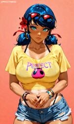 1girls ai_generated bare_arms bare_midriff blue_eyes blue_hair crop_top disney disney_channel earrings eyebrows eyelashes eyeliner eyeshadow flower_in_hair hi_res ladybug_(character) large_ass large_breasts looking_at_viewer marinette_cheng marinette_dupain-cheng miraculous:_tales_of_ladybug_and_cat_noir miraculous_ladybug shorts solo solo_female solo_focus standing sunglasses_on_head tan_body tanline thick_thighs twintails waifufamily