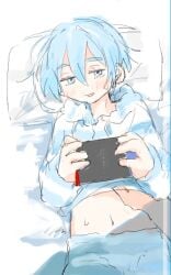 2boys bed bedroom_eyes belly belly_button blue_eyes blue_hair blue_lock blush femboy gaming_console gaming_controller hiori_yo imminent_sex lifting_clothing lifting_shirt loungewear lounging male male/male male_focus male_only on_bed pajama_pants pajama_shirt pajamas pajamas_pull playing_videogame stomach sweat thick_eyebrows touching_belly touching_stomach tummy yaoi