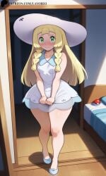 1girls ai_generated bangs bedroom blonde_hair blush female green_eyes hat holding_dress lay-oreo legs lillie_(pokemon) long_hair looking_at_viewer pokemon shy small_breasts small_female tagme thick_thighs walking_towards_viewer