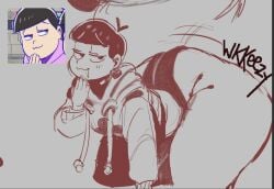 bending_over bottom_heavy dedoggyskullz femboy game huge_ass human jacket matsuno_todomatsu monochrome osomatsu-san screenshot smug_face thick_thighs thigh_highs todomatsu_matsuno underwear voluptuous_male wkkeezy(artist)