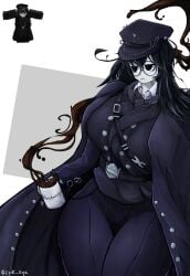 1girl 1girls 2024 big_breasts big_thighs black_eyes black_hair breasts clothed clothed_female clothing coat coffee_mug epokguyz expressionless female female_only fully_clothed glasses hat long_hair oc original_character reference_image roblox roblox_avatar robloxian spilled_liquid tall thick_thighs thighs