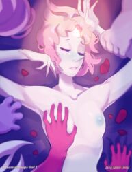 amethyst_(steven_universe) breasts cinnabarbie closed_eyes female female_only garnet_(steven_universe) gem_(species) gem_fusion hand_on_breast lesbian nipples pearl_(steven_universe) pinup red_hair rose_quartz_(steven_universe) steven_universe yuri