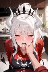 1boy 1boy1girl 1girls after_fellatio after_oral ai_generated apron apron_only blush cum cum_drip cum_in_mouth cum_inside cum_on_clothes cum_on_face cum_on_hair demon demon_girl demon_horns demon_tail ecchidreams embarrassed finger_in_mouth half-closed_eyes heavy_breathing helltaker hi_res horns horny horny_female large_breasts long_hair looking_at_viewer lucifer_(helltaker) open_mouth oral pleasure_face pleasured pov pov_hands red_eyes red_shirt shirt stable_diffusion tongue tongue_out upper_body white_hair