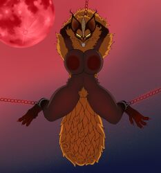 absurd_res anthro areola arkhalide armpit_hair big_areola big_breasts big_tail body_hair bondage bondage bound breasts brown_body brown_fur buckteeth chained_up chains claws deity ear_tuft female fur glowing glowing_eyes hi_res horn mammal membrane_(anatomy) moon neck_tuft orange_body orange_fur patagium pubes red_moon rodent sciurid solo tail teeth thick_thighs tree_squirrel tuft