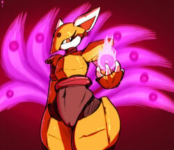 anthro bzeh canine capcom clitoris cubit_foxtar female fire fox hi_res machine mammal mega_man mega_man_zero mouthless multi_tail navel orange_eyes pussy reploid robot rule_63 simple_background solo standing video_games