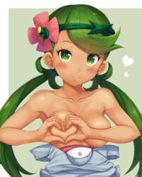 1girls breast_grab breast_squeeze breasts cleavage dark-skinned_female dark_skin female female_only green_eyes green_hair heart-shaped_boob_challenge human long_hair looking_at_viewer mallow_(pokemon) nintendo pokemon pokemon_sm snowcanvas solo topless