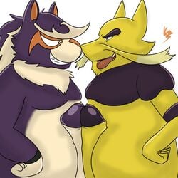 aeron_(artist) alakazam belly big_belly big_penis comparing frottage grin hi_res huge_cock male nintendo overweight overweight_male penis pokemon sex skuntank smile teeth tongue tongue_out video_games yaoi