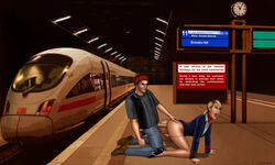 anal anal_sex blonde_hair bottomless buggery conductor conductor_uniform deutsche_bundesbahn extro germany high_heels ice ice_t intercity_express panties_down penis ponytail pussy skirt_up train train_station uniform