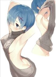 1girls armpit ass bare_arms bare_back bareback blue_eyes blue_hair blush breasts clothed clothing female female_focus female_only gaou re:zero_kara_hajimeru_isekai_seikatsu rem_(re:zero) undressing virgin_killer_sweater