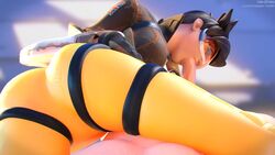 1boy 1girls 3d animated big_penis brown_hair cakeofcakes fellatio female kalypsofx latex latex_suit male oral overwatch penis pov short_hair skin_tight sound straight tracer union_jack video