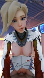 3d areolae blender blonde_hair blue_eyes breasts cigarette cowgirl_position dividersfm erection female looking_at_viewer male mercy nipples overwatch penetration penis pov pussy sex vaginal_penetration