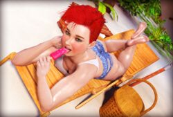 1girls 3d beach blush feet female female_only green_eyes magdi neyebur original_character presenting_feet rasmus-the-owl red_hair request short_hair soles solo solo_female