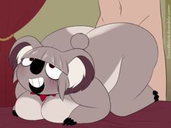 4:3 animated anthro ass bed big_breasts big_butt breasts buttjob duo erection female hi_res huge_butt humanoid_penis koala male mammal marsupial nude penis scaitblue shortstack slightly_chubby straight