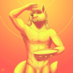 2016 5_fingers abs anthro balls barely_visible_genitalia biceps biped bowl canine closed_eyes digital_media_(artwork) dripping flaccid fluffy fluffy_tail fox front_view gradient_background hair half-length_portrait hi_res holding_object long_hair male male_only mammal monochrome muscular muscular_male nipples nude pallando99 pecs penis portrait raised_arm rov signature simple_background smile snout solo standing subtle_penis warm_colors water yellow_theme