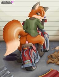 anatomically_correct anatomically_correct_pussy animal_genitalia animal_pussy anthro ass bottomless breasts canine canine_pussy claws clothed clothing discarded_clothing disney exposed_breasts eyelashes fan_character female fox fur jacket looking_at_viewer looking_back mammal motorcycle orange_fur presenting presenting_pussy pussy red_fox sharp_teeth sitting smile teeth toe_claws tools vehicle wastedtimeee wrench zootopia