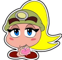 2017 armor blonde_hair blush breasts fangs female goomba goombella hair heart helmet mario_(series) nintendo nipples paper_mario ponytail solo thunderfap transparent_background video_games