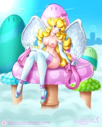 1girls areolae blonde_hair blue_eyes breasts deadphoenx female female_only full_body long_hair looking_at_viewer mario_(series) mushroom nintendo nipples princess_peach sitting solo super_mario_bros. thighhighs wings