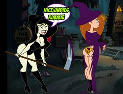 2girls ass assisted_exposure black_hair boots breasts brown_hair cleavage curvy dat_ass disney dress duo english_text exposed exposed_ass female female_only female_with_female green_eyes grim_reaper_(cosplay) grimphantom halloween hat high_heel_boots holidays hood human kim_possible kimberly_ann_possible knee_boots large_ass large_breasts long_hair melee_weapon multiple_girls outdoors panties print_panties scythe shego sideboob skirt smile text torn_clothes very_long_hair weapon witch witch_costume witch_hat yuri