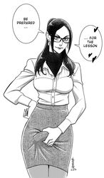 1futa anasheya black_hair blush bulge cameltail erection erection_under_clothes fishnet_stockings futa_only futadom futanari glasses intersex lida_martinazzi monochrome penis penis_under_clothes penis_under_skirt solo solo_futa speech_bubble teacher text