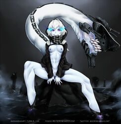 bangs bar_censor black_jacket black_scarf blue_skin breasts burning_eyes censored female full_body glowing glowing_eyes graphite_(medium) grin hair_between_eyes highres hood hood_up hooded_jacket hooves jacket kantai_collection legs long_sleeves looking_at_viewer nail_polish navel nipples no_bra no_panties open_clothes open_jacket pink_nails purple_eyes pussy re-class_battleship rock scarf sereneandsilent sharp_teeth shinkaisei-kan short_hair sitting small_breasts smile solo spread_legs striped striped_scarf tail tail_mouth teeth toned traditional_media tumblr_username turret twitter_username v_arms watermark web_address white_hair