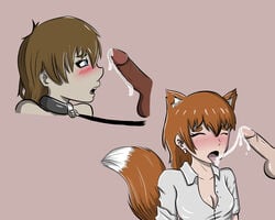 begging black blow blush brown_hair closed_eyes collar cum cum_in_mouth cum_on_tongue cumming dark-skinned_male fellatio fox_ears fox_tail ginger kemono kemonomimi kitsune leash nyaruhodo oc open_mouth open_shirt oral original original_character red_fur red_hair sex_slave shirt shocked white_penis