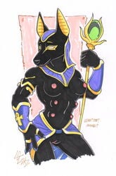 2002 anthro anubian_jackal anubis armlet black_fur black_nose bracelet breasts canine clothing colored_nails deity english_text female fur jackal jewelry loupgarou mammal multi_nipple nipples pussy ring rule_63 solo staff text thumb_ring traditional_media_(artwork)