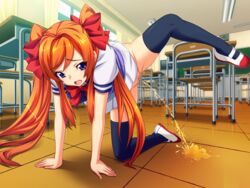 all_fours black_legwear blue_eyes bow censored classroom day desk female game_cg hairbow ibuki_ryouko indoors leg_up long_hair miniskirt mosaic_censoring obedience_pissing one_leg_raised oosaki_shin'ya open_mouth orange_hair peeing pussy raised_leg_pee red_bow reflection saiminjutsu_re school_desk school_uniform shoes short_sleeves skirt solo thighhighs tile_floor tiles twintails uwabaki very_long_hair white_skirt window