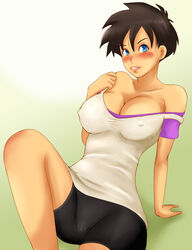 1girls arm_support bike_shorts black_hair blue_eyes blush breasts cameltoe cleavage clothed curvy dragon_ball dragon_ball_z eyelashes female female_only gradient_background hair_between_eyes highres human large_breasts mamo navel nipple_bulge parted_lips perky_breasts short_hair short_shorts shorts sitting solo teenager videl