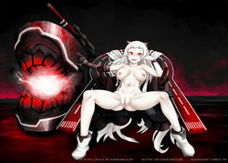 airfield_hime ankle_boots anus bangs bare_shoulders boots bracelet breasts charging collarbone female flight_deck full_body graphite_(medium) hand_up highres horns jewelry kantai_collection large_breasts long_hair looking_at_viewer mechanical_arm military military_vehicle navel nipples nude open_mouth pussy red_eyes sereneandsilent shinkaisei-kan ship sitting smirk solo spread_legs traditional_media tumblr_username turret twitter_username very_long_hair warship watercraft watermark web_address white_boots white_hair white_skin