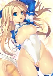 arm_behind_back arm_up ass_visible_through_thighs bangs between_legs blue_eyes breasts breasts_out cameltoe censored covered_navel cowboy_shot dutch_angle female hair_ribbon hand_between_legs highres imminent_sex imminent_vaginal kinoshita_ichi large_breasts light_brown_hair long_hair looking_at_viewer mosaic_censoring nipples original parted_bangs parted_lips penis pussy ribbon solo_focus thighhighs white_legwear