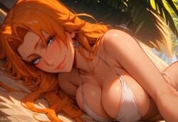 ai_generated beach big_ass big_breasts bikini bleach bleach:_the_thousand-year_blood_war huge_breasts laying_on_side long_hair looking_at_viewer matsumoto_rangiku orange_hair pose ryuuziken01 smile