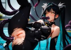 ai_generated all_the_way_through anal_sex black_hair bodysuit cum cum_in_ass female goddess_of_victory:_nikke gold_eyes legs_up little_mermaid_(nikke) long_hair minokai multicolored_hair ripped_clothing self_upload tentacle tentacle_sex twintails