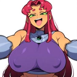 1girls alien big_breasts covered_nipples dc dc_comics koriand'r large_breasts looking_at_viewer mullon orange_body smile starfire